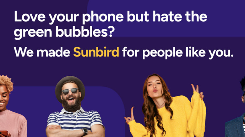 Some happy people standing there, with ad copy in front of them.