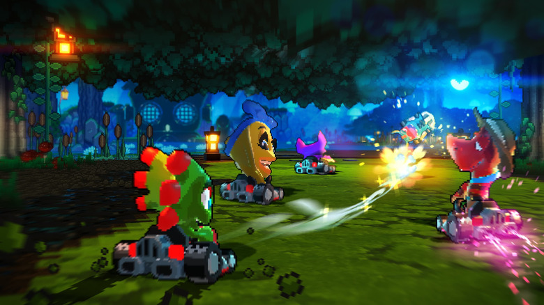 Several pixelated, cartoonish characters race karts in a forest