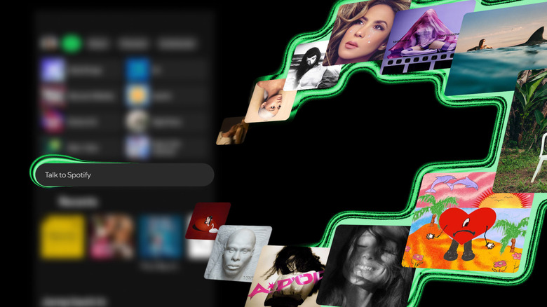 Talk to Spotify voice feature illustrated in Spotify graphic