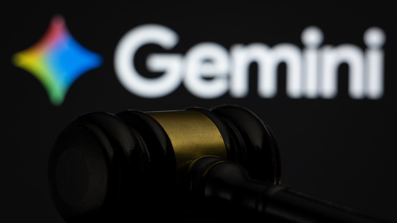 A wooden gavel with the Gemini logo in the background.
