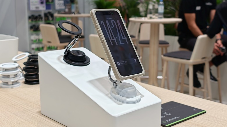Belkin's new Magnetic stand, mounted on a surface.