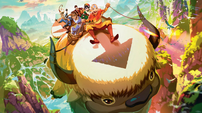 Team Avatar flying on Appa in a promotional image for a Magic: the Gathering set.