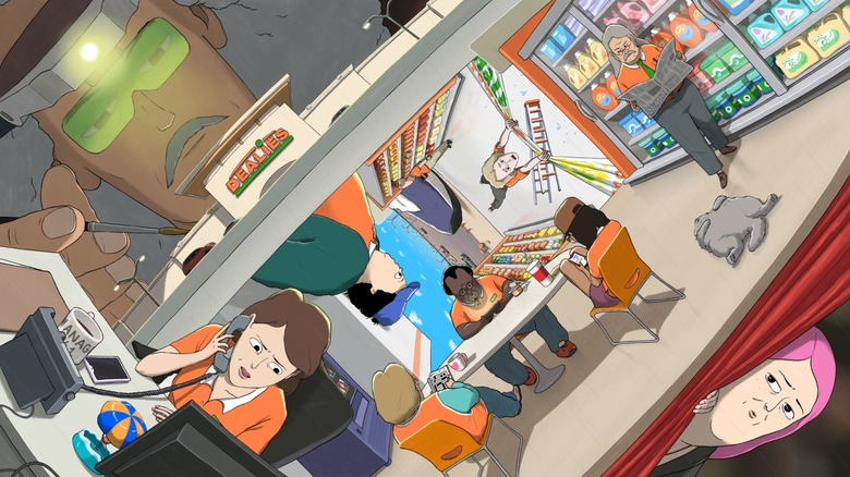 Key art showing multiple characters working at a big box retail store from Dealies.