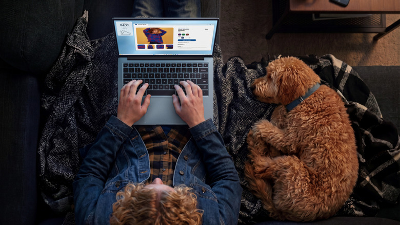 A man with a laptop and dog on a bed.