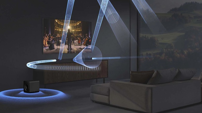 Rendering of Samsung soundbar creating virtual spatial sound