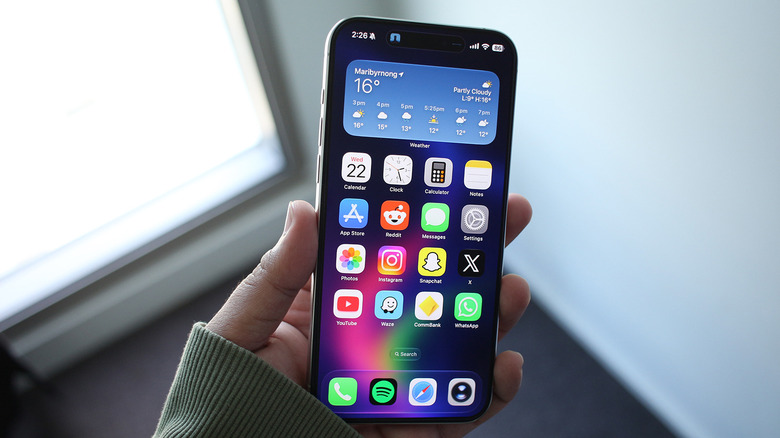 Person holding an iPhone displaying the home screen