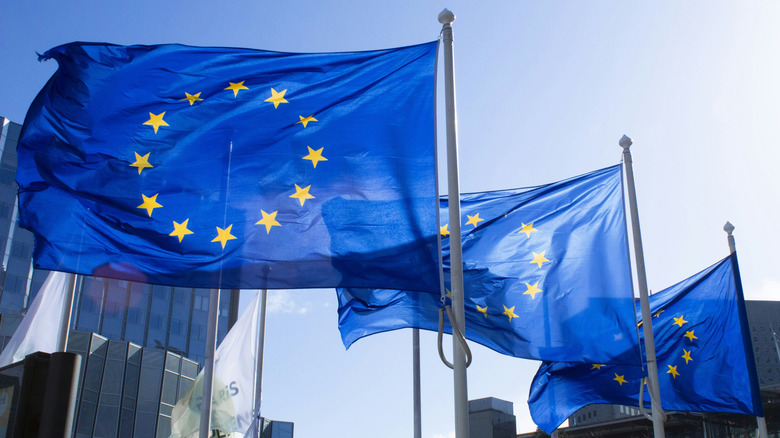 Three European Union flags waft in the wind. A flag with 