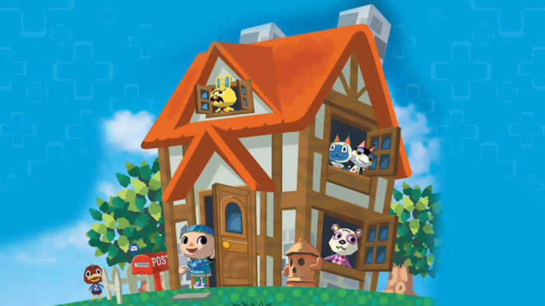 Animal Crossing's villager stands smiling outside of their home