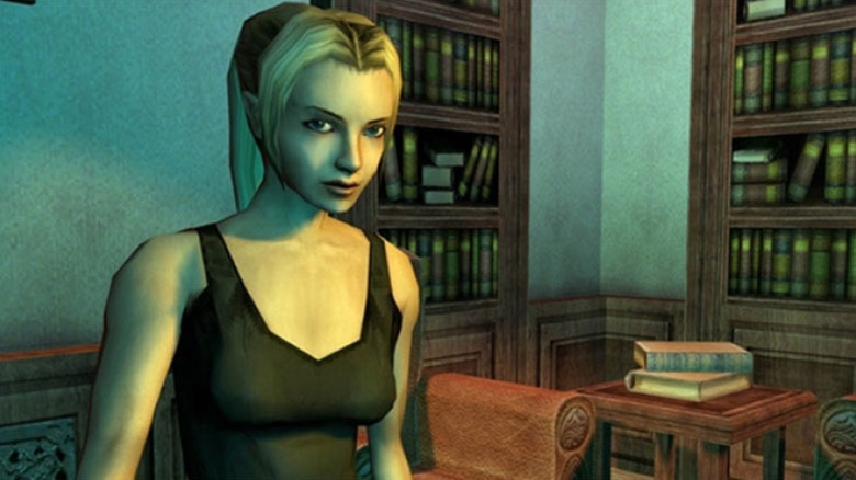 Eternal Darkness protagonist Alexandra Roivas stands in an old library.