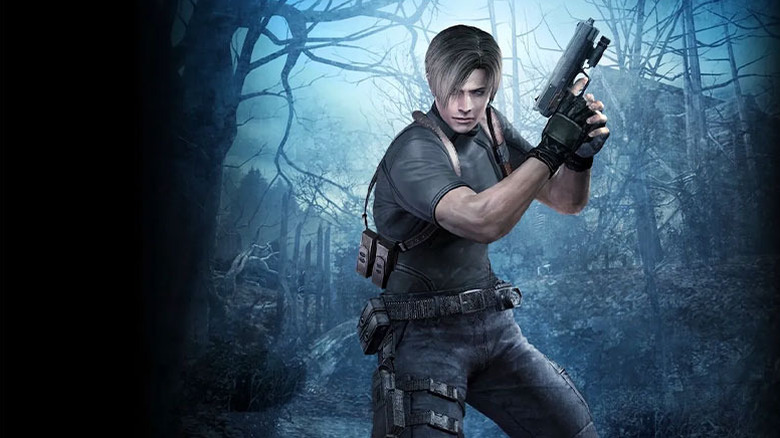 RE4 protagonist Leon Kennedy readies his pistol in a dark wood.