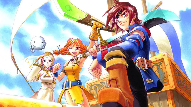 Protagonist Vyse stands next to supporting characters Aika and Fina.