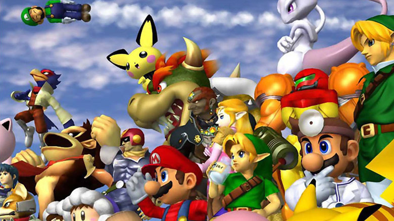 The cast of Super Smash Bros. Melee stand ready to fight, except for Luigi.