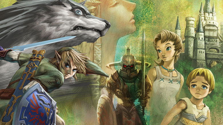 Link and Wolf Link stand at the edge of the frame, with Zelda and other characters behind them.