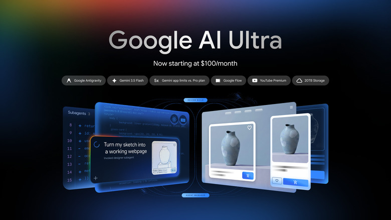 Illustration for Google AI Ultra plan price drop. Features are highlighted above illustrations of the AI tools in use.