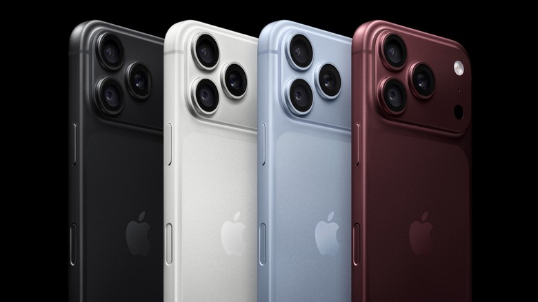Four iPhone Pros in black, white, blue, and maroon