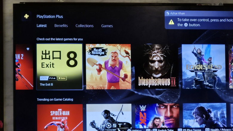 A storefront showing games included with PlayStation Plus, like Blasphemous II and Exit 8.