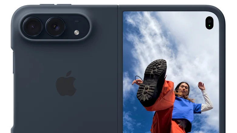 The outside of a fully-open iPhone Duo clad in Apple's Navy Blue case.