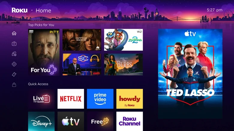 Roku home screen with a large Ted Lasso poster and app tiles.