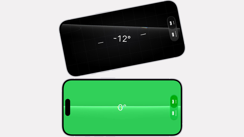 Two iPhones using the Level tool in the Measure app. One is at a -12º angle, the other at 0º