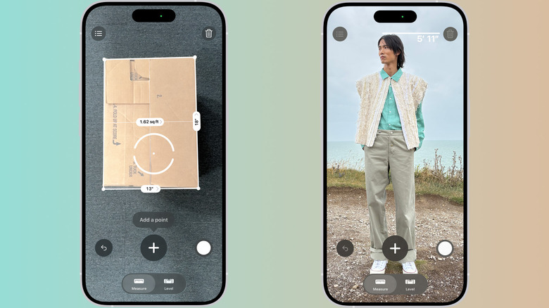 Two iPhones showing screenshots from the Measure app: one measuring a package and the other a person