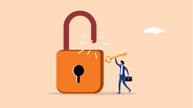 Illustration of a man using key to open a padlock.