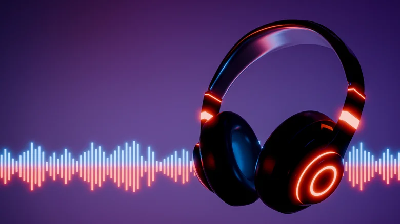 An illustration showing headphones with sound waves in the background.