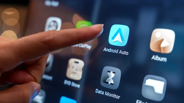 Person reading out towards the Android Auto app on a car's infotainment system.