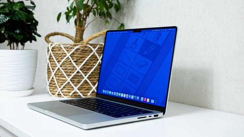 A Macbook Pro on a desk next to a potted plant