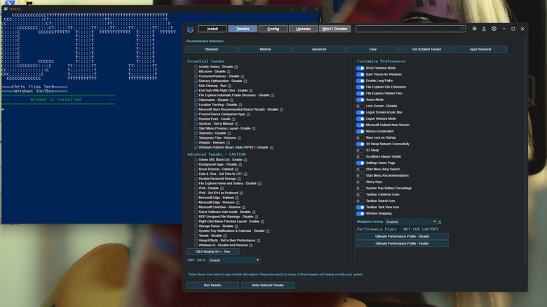 Chris Titus Tech WinUtil debloating tool running on Windows 11.