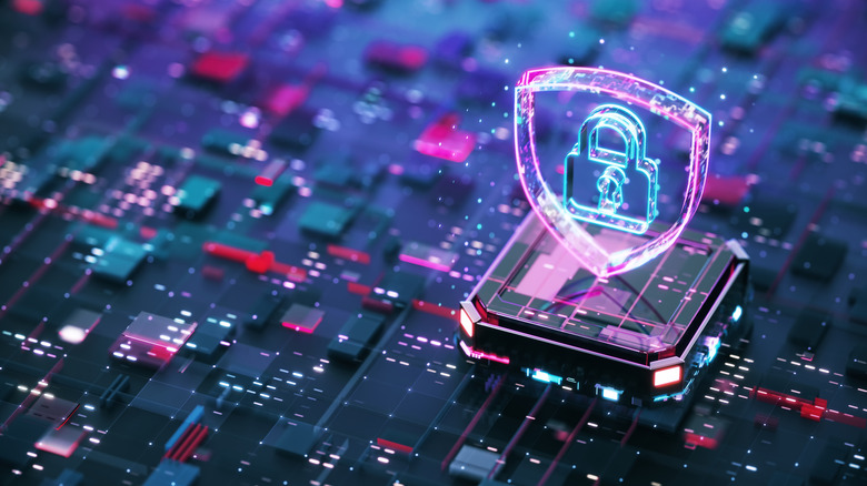 Glowing shield and padlock icon over a circuit board, representing digital security and data protection.