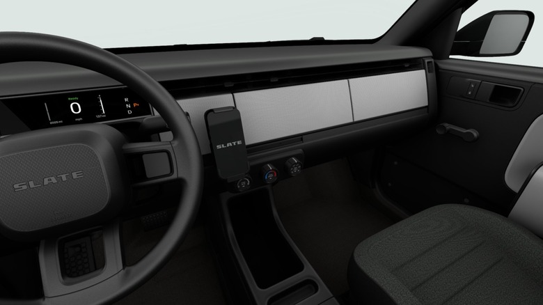 The Slate Truck's interior, displaying the built-in phone mount.
