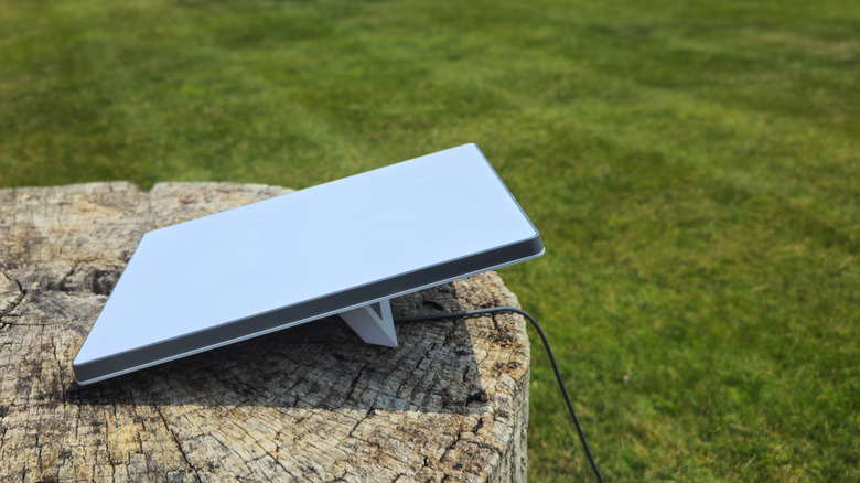 A Starlink Mini dish, placed on top of a wooden stump, with grass behind.