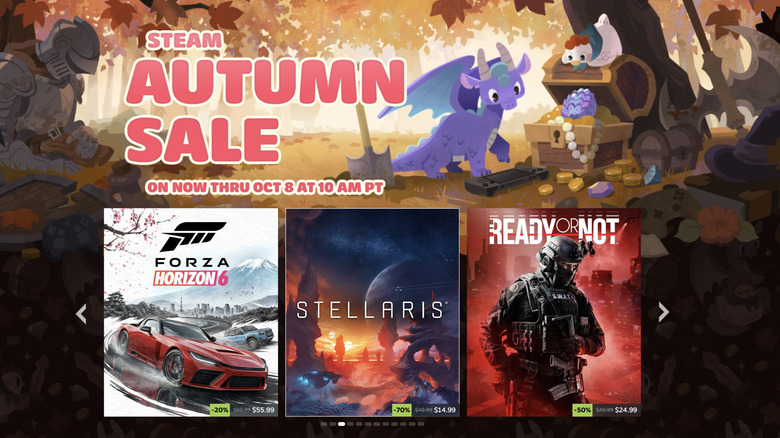 Screenshot of the Steam Autumn Sale landing page with an illustration at the top and key art for Forza Horizon 6, Stellaris and Ready or Not in a carousel below.