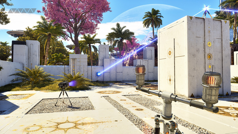 Game still: A complex puzzle with lasers set in a tropical environment