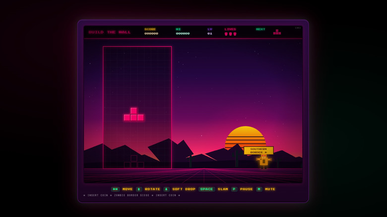 A screenshot of Build the Wall with a Tetris-style brick falling in front of a zombie.