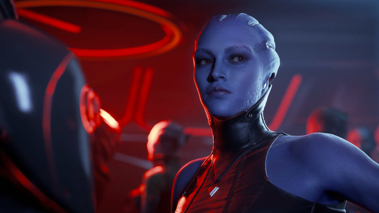 An asari standing in a space bar.