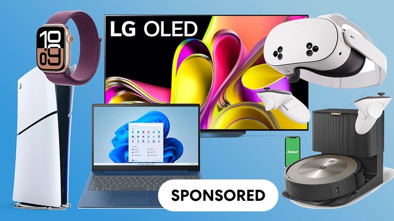 An assortment of tech gadgets and a vacuum