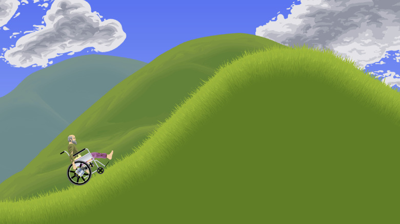 Screenshot of Happy Wheels, an animated game containing a man in a wheelchair on a grassy hill.