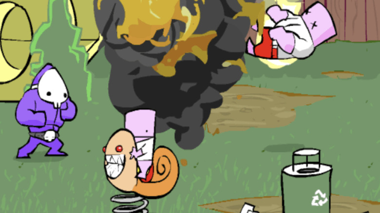 A screengrab from Dad n' Me shows a chaotic scene of brawling animated figures outdoors.