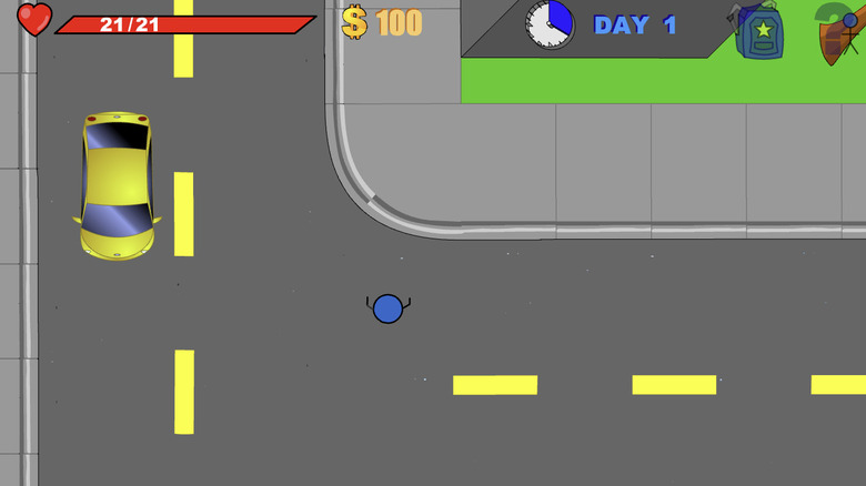 Screenshot of Stick RPG, a 2D Flash game featuring a car at an intersection and a stick figure from above.