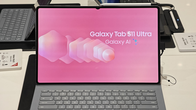 Galaxy Tab S11 Ultra on display in a store, with its keyboard attachment.
