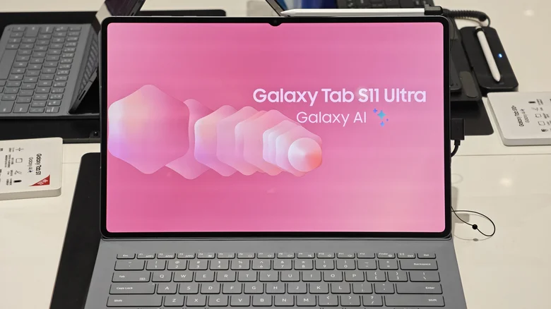 Galaxy Tab S11 Ultra on display in a store, with its keyboard attachment.