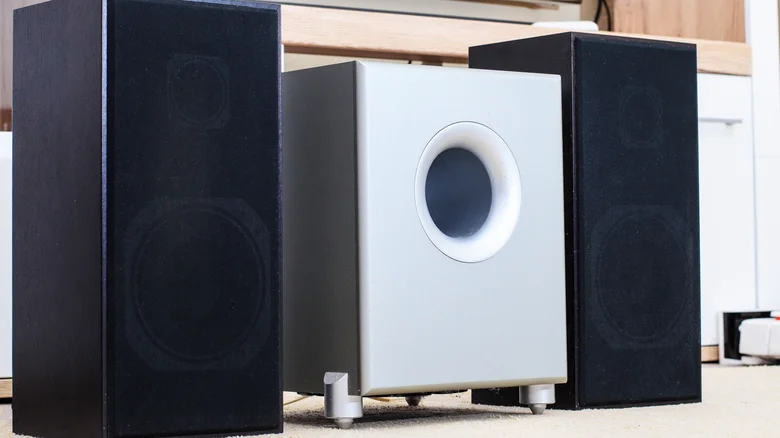 Audio system with speakers and subwoofer.