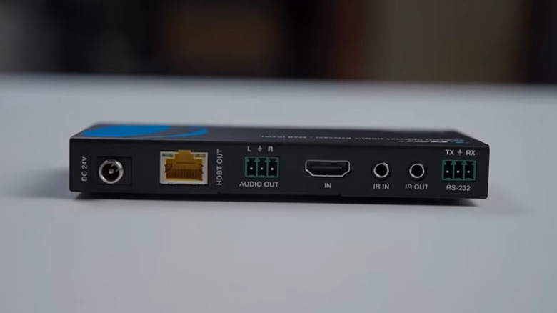 A black HDMI-to-Ethernet transmitter shows an HDMI and Ethernet inputs and outputs.