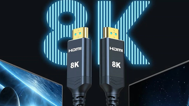 The ends of an 8K HDMI cable are shown against a dark, high-tech background displaying "8K" in bright blue.