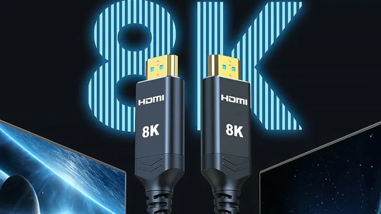The ends of an 8K HDMI cable are shown against a dark, high-tech background displaying "8K" in bright blue.