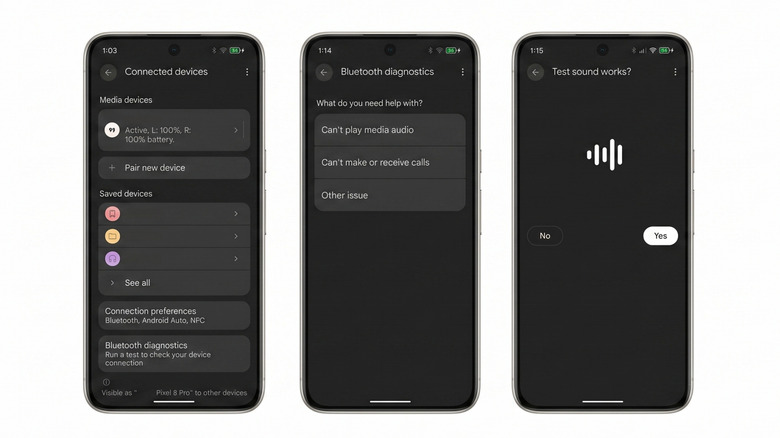 Screenshots showing the Connected devices, Bluetooth diagnostics and test screens.
