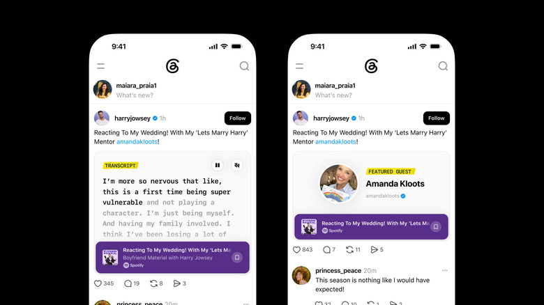 Two screenshots of the Threads app showing a podcast transcript and a post featuring a podcast guest.