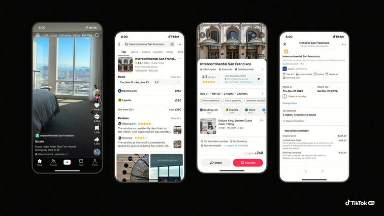 Four smartphone screens showing TikTok Go interface for discovering and booking a hotel stay.