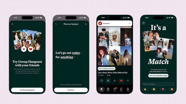 Tinder screenshots showing the new group hangouts feature, including suggestions to meet at a certain time with an activity in mind.